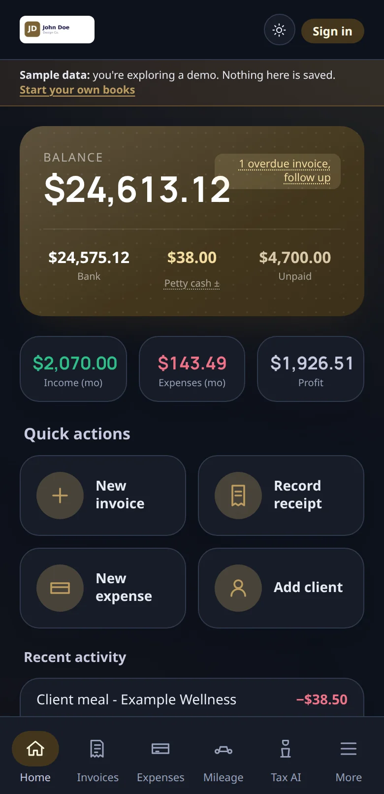 The AFGTracker demo dashboard: a balance of $24,613.12 across bank and petty cash, $4,700.00 of invoices still unpaid with one flagged overdue, income, expenses and profit for the month, and shortcuts to create an invoice, record a receipt, add an expense or add a client. Sample data.